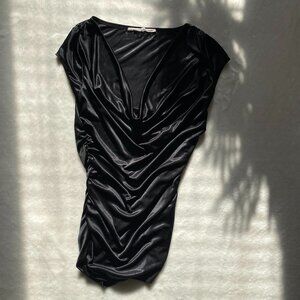 DKNY Jeans Women’s Black Satin Draped Ruched Top Short Sleeve Blouse Size M